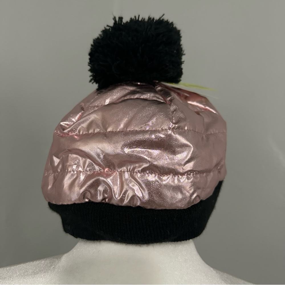 NEW! All in Motion Girl’s Pink and Black Pom-Pom Beanie, Metallic, Girlie, OSFM